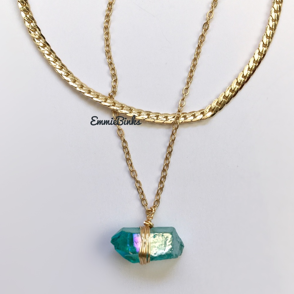 New Aqua Green Aura Quartz Crystal Dual Copper Chain Layered Necklace